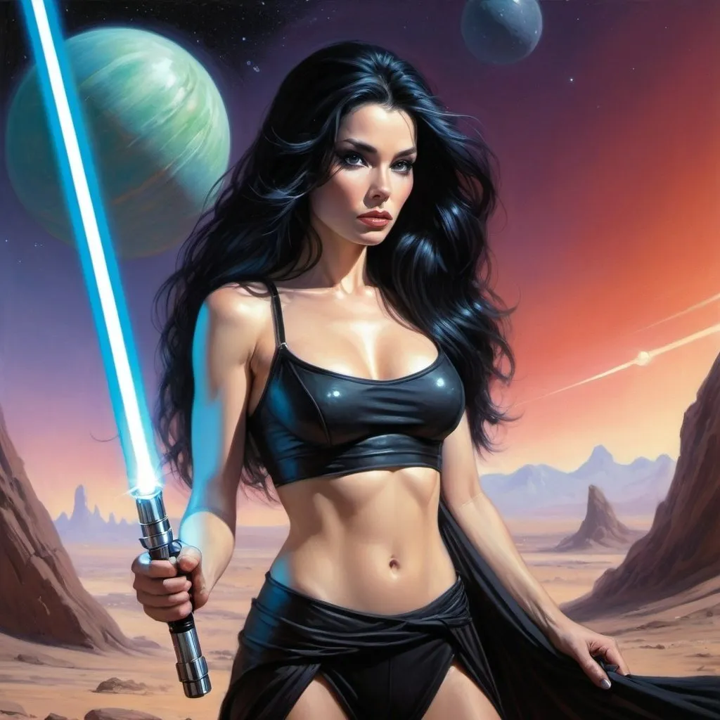 Prompt: fantasy in the style of julie bell, sci-fi, woman in crop top,  long black hair, holding light saber. alien planet in the background. 