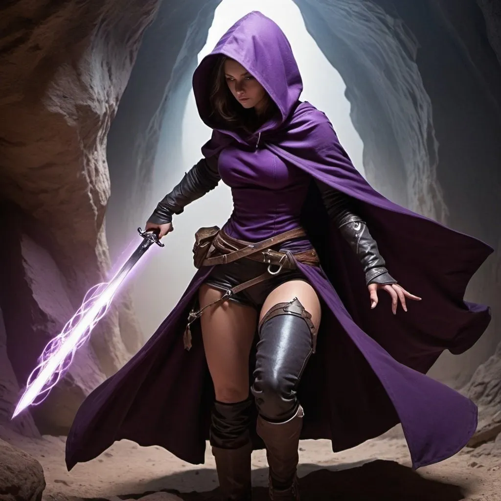 Prompt: female rogue, wearing purple hood and cloak, facing away. psychic energy, rapier in her hand,  Cavern. 