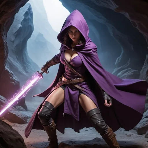 Prompt: female rogue, wearing purple hood and cloak, facing away, angry, psychic energy, rapier in her hand,  Cavern. 
