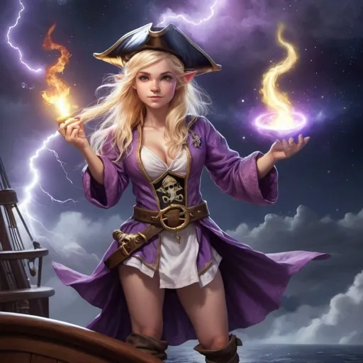 Prompt: realistic female halfling, gnome, long blonde hair in a ponytail, light purple robes, pirate hat, casting a spell, magic staff in one hand, lightning, nighttime, white lighting, fire and lightning effects, on the deck of a pirate ship, outer space, nebula
