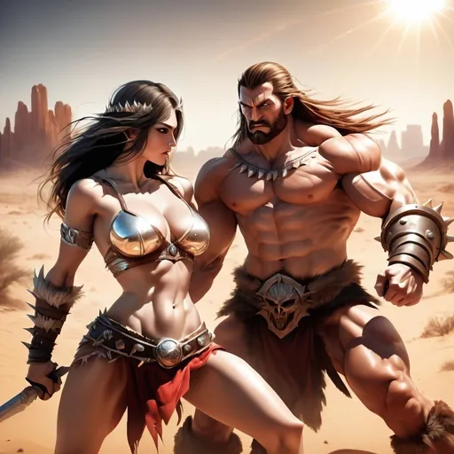 Prompt: muscular male barbarian  with beautiful barbarian female, fighting, action pose, desert in the background, sunny
