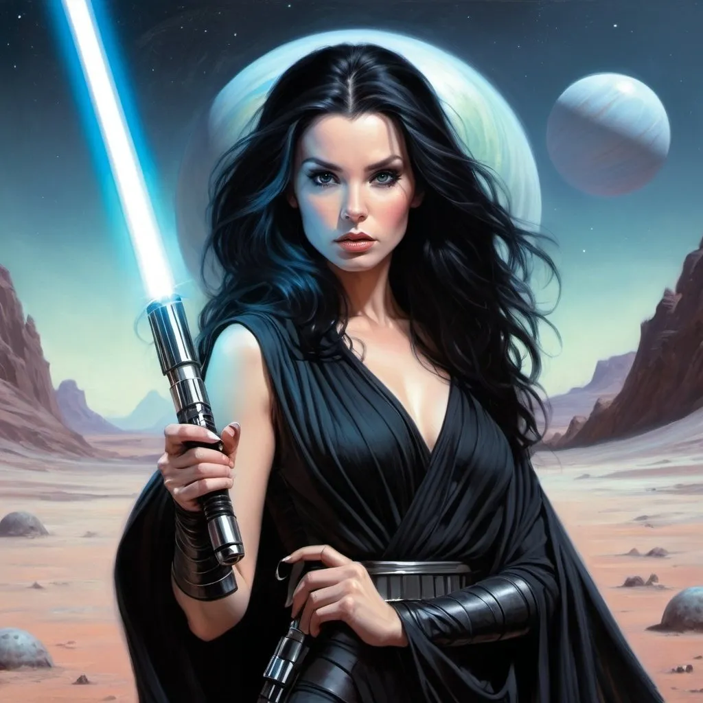 Prompt: fantasy in the style of julie bell, sci-fi, woman , long black hair, holding light saber. alien planet in the background. 