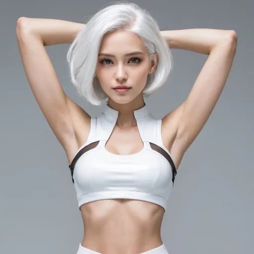 Prompt: beautiful female android, white hair, crop top, arms raised, under arms

