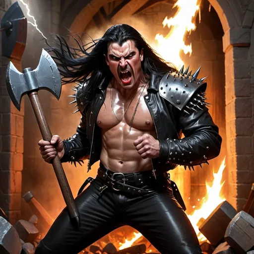 Prompt: realistic medieval male heavy metal singer, muscular, leather jacket with crop top, armor, spikes on jacket, long black hair, red lip stick, screaming, holding an axe and battle hammer in the other hand, action pose, castle halls, fire, red light, lightning