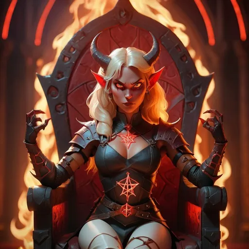 Prompt: beautiful female tiefling, devil woman, red lighting, portrait, blonde hair, light clothing, crop top, leather armor, sitting on a large ornate throne, arms raised over her head, under arms, dim lighting with magical aura and effects, fire lighting the walls, medieval auditorium with glowing pentagram on the floor