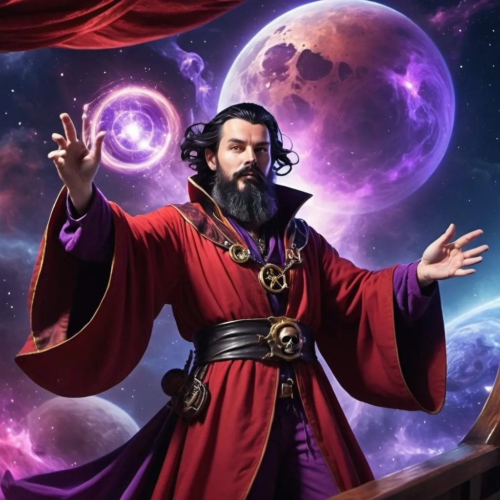 Prompt: arch mage wizard in red and purple robes with short black hair and black beard casting powerful spells, magic effects and aura, on the deck of a flying pirate ship in space, nebula in the background