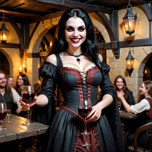 Prompt: realistic beautiful woman vampire, long black hair, smiling, fangs, medieval, scary, creepy, full body, gypsie, black victorian dress, regal, holding a glass of wine, medieval tavern, dark with candle light