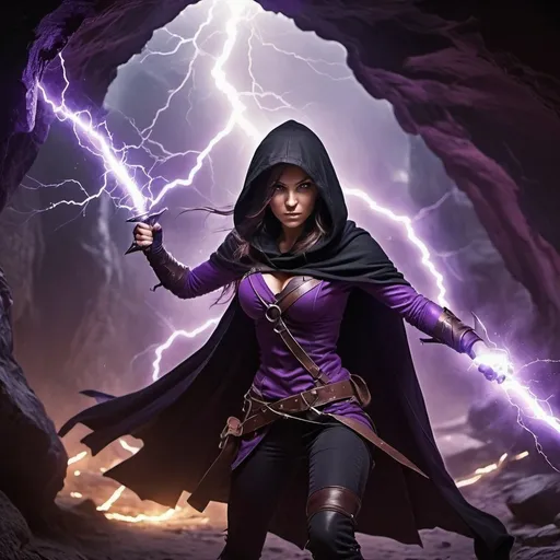 Prompt: female rogue with black cloak and hood, purple magical dagger in both hands fighting, lightning effects everywhere, cave background