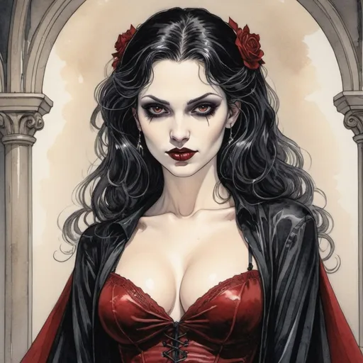 Prompt: beautiful female vampire in the style of milo manara