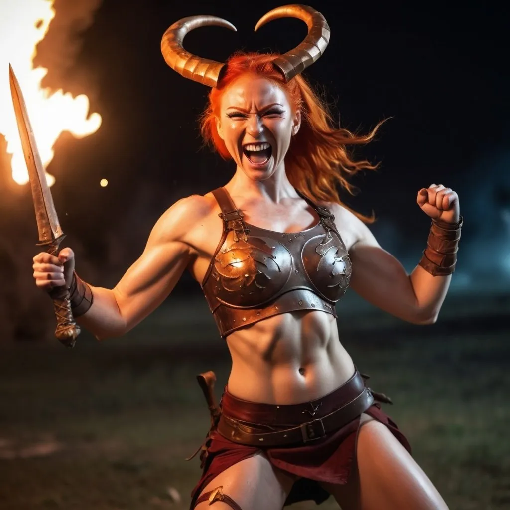 Prompt: all natural, fierce tall beautiful, laughing, muscular red woman with orange hair, strong, red skin, horns, action pose in battle, clothes burned away, bronze armor, crop top, sword in each hand, one arm raised, battle in the background, fire lighting, night time