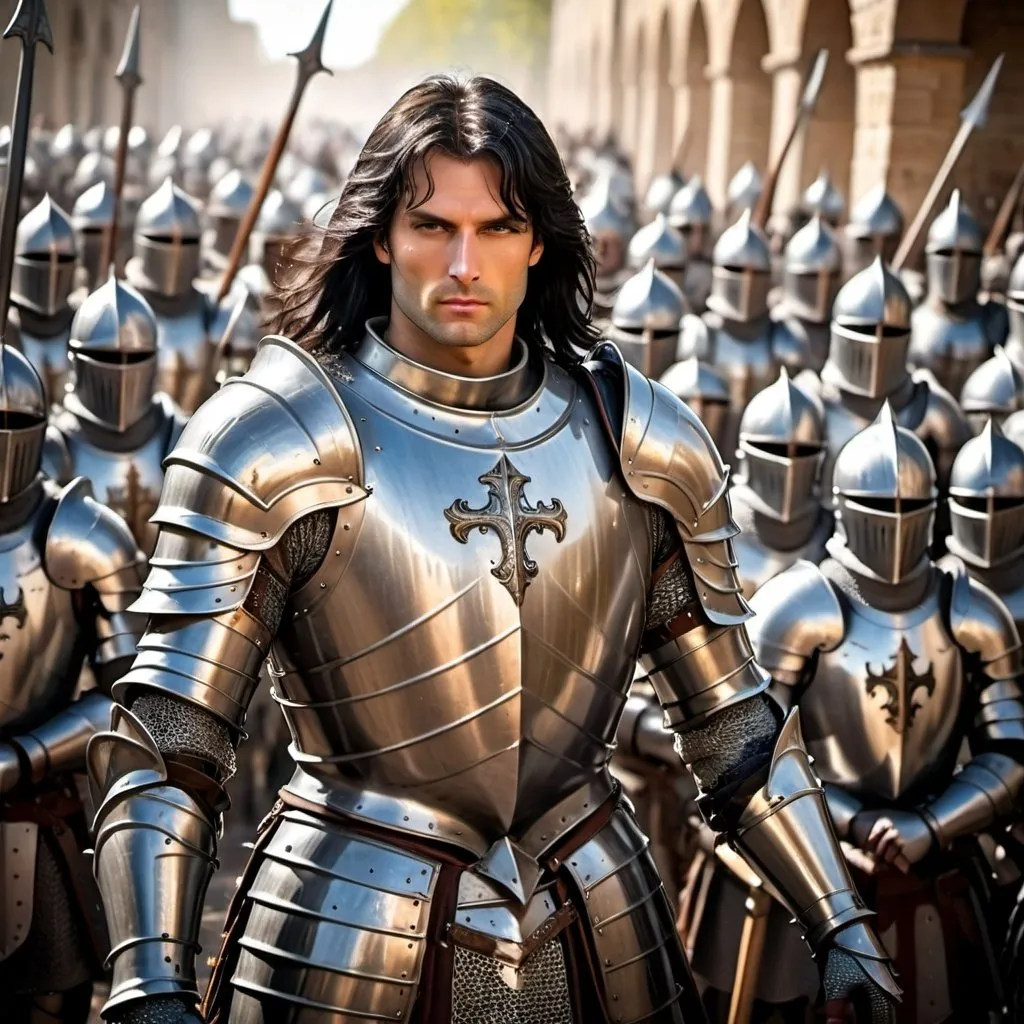 Prompt: knight in shining plate armor, muscular male with long black hair, leading an army of knights, sunny
