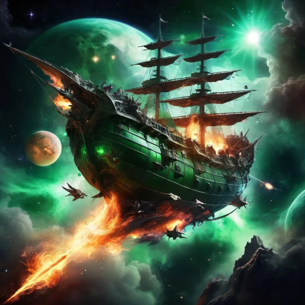 Prompt: huge flying galleon ship in outer space, fantasy, wizards on the deck casting spells, nebula and planet in the background, succubus and demons flying around, bright lighting fire and green magic effects
