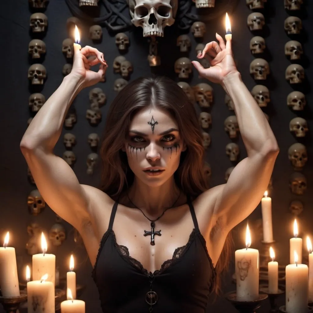Prompt: attractive, beautiful female, arms raised, underarms, all natural, muscular, strong, surrounded by skulls, occult ritual, evil, many candles, horror
