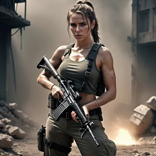 Prompt: beautiful realistic army woman, tied crop top, army boots, assault rifle, sweating, 