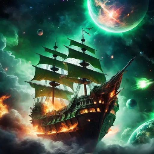 Prompt: huge flying galleon ship in outer space, fantasy, wizards on the deck casting spells, nebula and planet in the background, succubus and demons flying around, bright lighting fire and green magic effects
