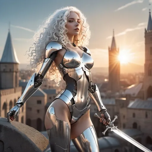 Prompt: beautiful female android, cyborg, full body, futuristic, chrome, long white curly hair, medieval city background, sunset, minimal clothing, arms raised, underarms, holding a sword, rays of sunlight, realistic
