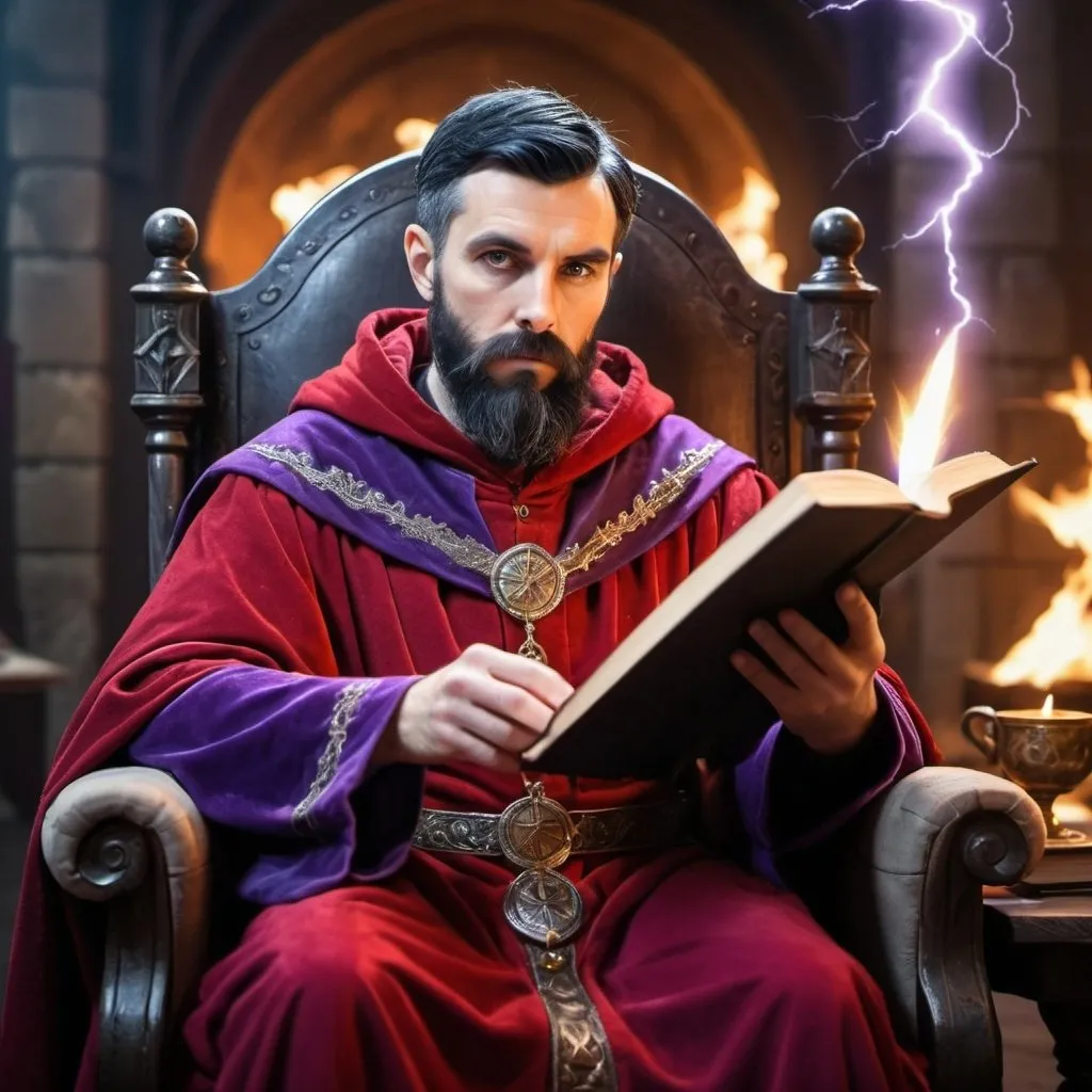 Prompt: Dignified wizard, short black beard, short black hair, red and purple robes. stern looking. sitting in an ornate chair. Holding a spellbook, magical effects. lightning and fire. huge medieval hall in the background
