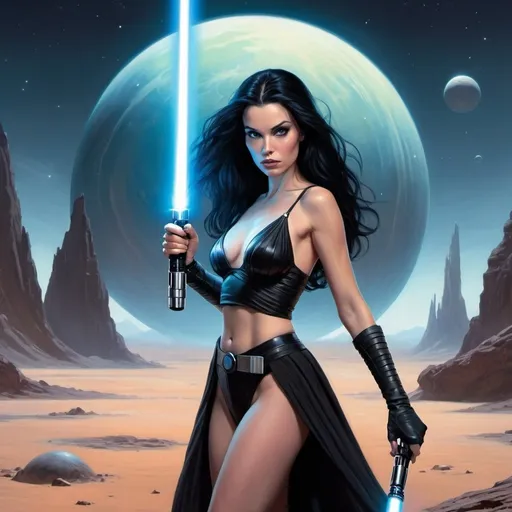 Prompt: fantasy in the style of julie bell, sci-fi, woman , long black hair, holding light saber. alien planet in the background. 