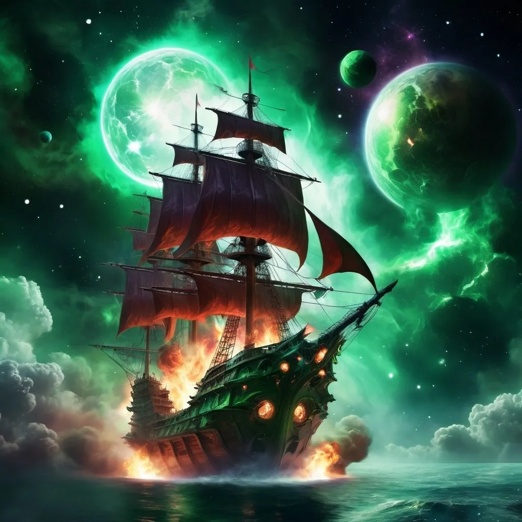 Prompt: huge flying galleon ship in outer space, fantasy, wizards on the deck casting spells, nebula and planet in the background, succubus and demons flying around, bright lighting fire and green magic effects
