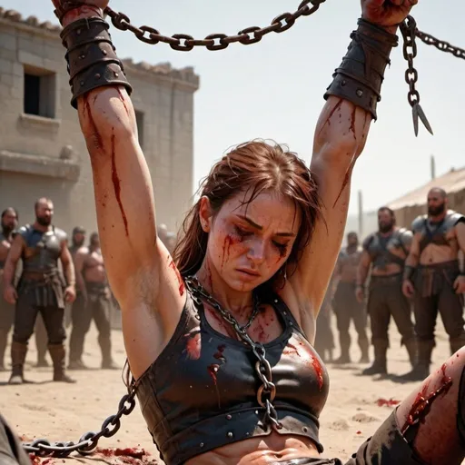 Prompt: realistic, wounded, bloody, female warrior, in pain, in chains, crop top, leather armor,  laying down, arms raised, underarms, sunny, daytime, minimal clothing, battle in the background
 
