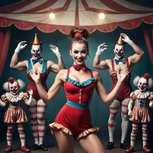 Prompt: full body, attractive, beautiful woman with ponytail, fit, circus performer, arms raised, evil smile, circus in the background with evil creepy clowns