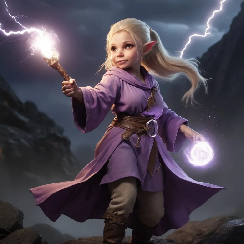Prompt: female halfling, gnome,  long blonde hair in a ponytail, light purple robes, casting a spell, magic staff in one hand, lightning, nighttime, white lighting, fire and lightning effects

