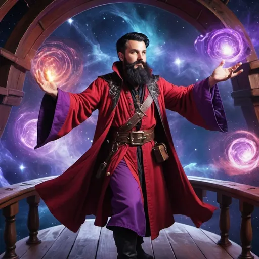 Prompt: arch mage wizard in red and purple robes with short black hair and black beard casting powerful spells, magic effects and aura, on the deck of a flying pirate ship in space, nebula in the background