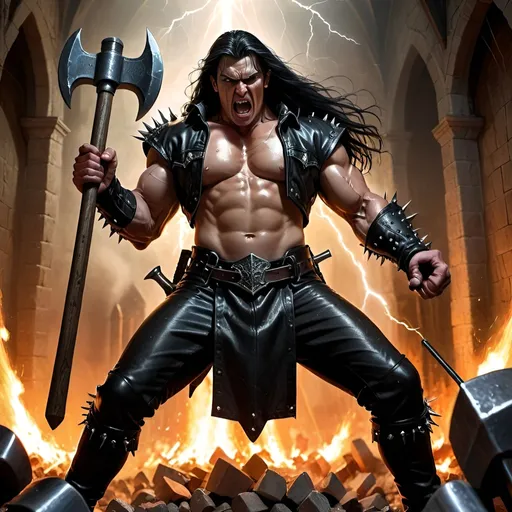 Prompt: realistic medieval male heavy metal singer, muscular, leather jacket, armor, spikes on jacket, long black hair, holding an axe and battle hammer in the other hand, action pose, castle halls, fire, red light, lightning, leading an army of adoring succubus women in the background