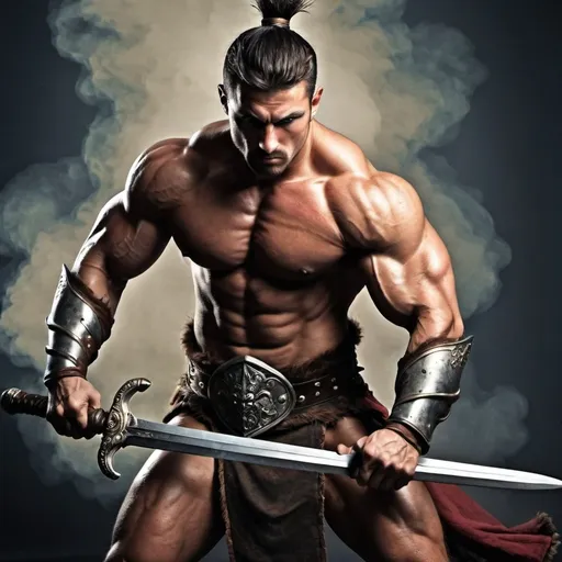 Prompt: male warrior, muscular, strong, fighting a warrior, 
