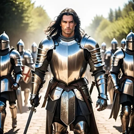 Prompt: knight in shining plate armor, muscular male with long black hair, leading an army of knights, sunny
