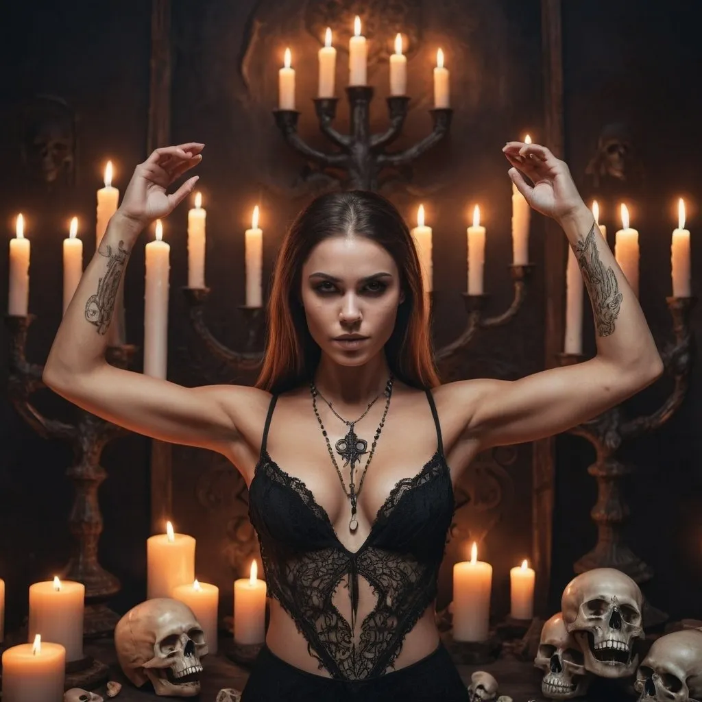 Prompt: 
attractive, beautiful female dressed in revealing dress with low neckline , arms raised, underarms,  crop top, muscular, strong, surrounded by skulls, occult ritual, evil, many candles, horror
