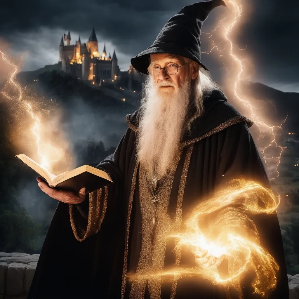 Prompt: Elderly wizard, grey robe with golden cloak, casting a spell, magical effects, fire and lightning, holding a book, night time, lighting effects, 
castle in the background
