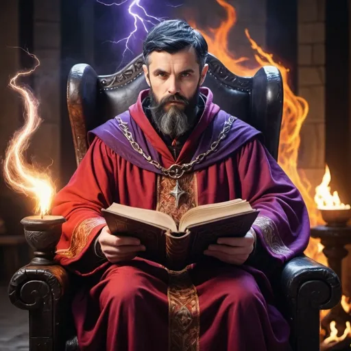 Prompt: Dignified wizard, short black beard, short black hair, red and purple robes. stern looking. sitting in an ornate chair. Holding a spellbook, magical effects. lightning and fire. huge medieval hall in the background
