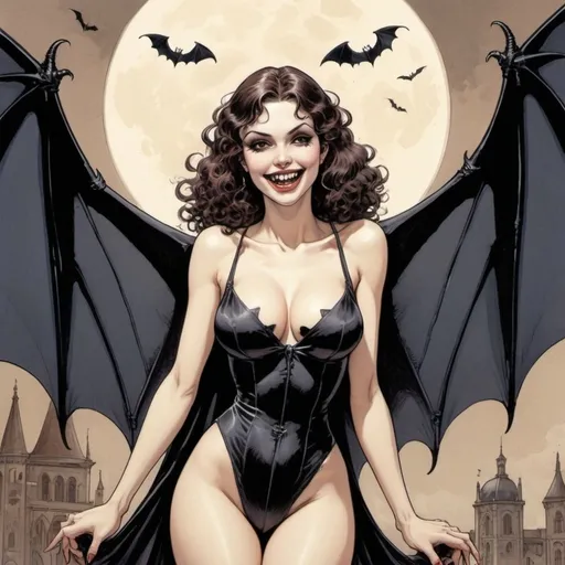 Prompt: full body, beautiful female vampire in the style of milo manara, smiling, fangs, bat wings, arms raised