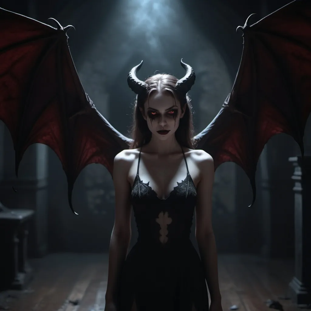 Prompt: beautiful young female devil, succubus, white skin, horror, dark lighting, glowing eyes, arms raised, bat wings, 