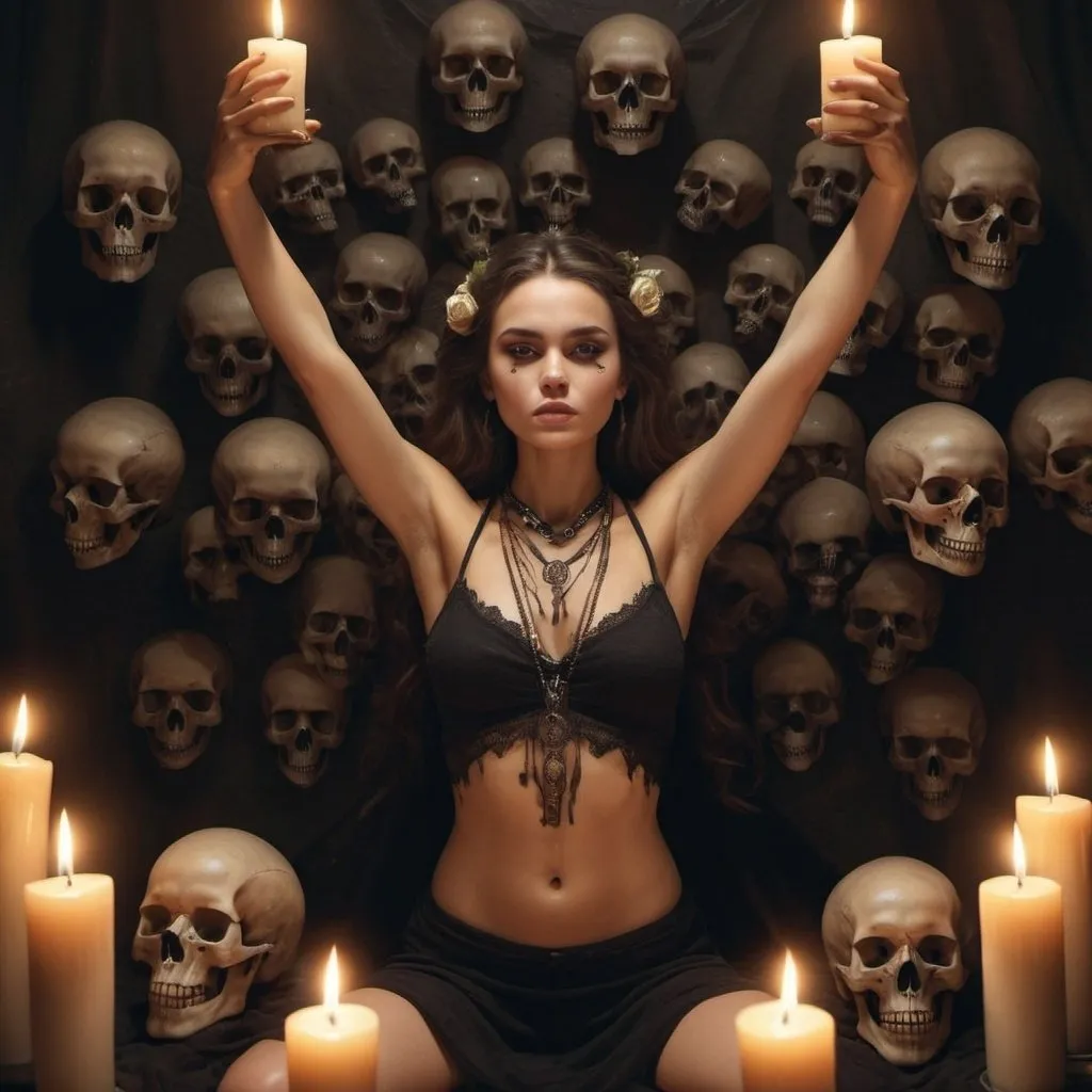 Prompt: full body, realistic, attractive, beautiful woman , arms raised, underarms, all natural, surrounded by skulls, occult ritual, evil, many candles, horror
