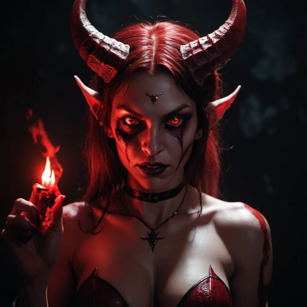 Prompt: female devil, succubus, red skin, horror, dark lighting, glowing eyes