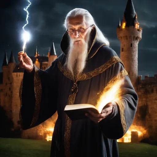 Prompt: Elderly wizard, grey robe with golden cloak, casting a spell, magical effects, fire and lightning, holding a book, night time, lighting effects, 
castle in the background
