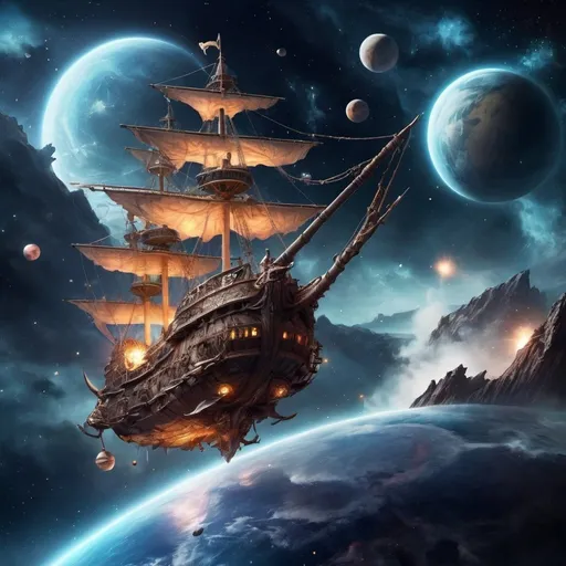 Prompt: flying galleon ship, outer space, fantasy, wizards on the deck casting spells, nedula and planet in the background
