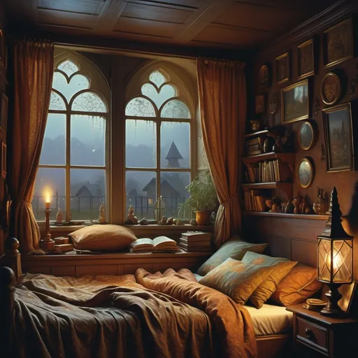 Prompt: wizard lying in bed, cozy bedroom atmosphere, its night (raindrops on window), vivid village scene outside, (dark fantasy) style, 1970s book cover art, (warm muted colors), comfortable and serene mood, intricate details in the bedding and decor, (highly detailed, ultra-detailed), shadows playing across the walls, ethereal and dreamy lighting.