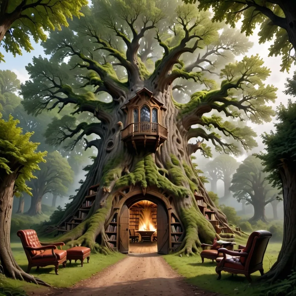 Prompt: In the middle of a forest there is a gigantic oak tree 15 metre wide at the base and rises out of sight with a  open door inside the doorway we can see a large comfortable room with some chairs inside the room and bookcases and fireflys lighting the room but no fire in the room.