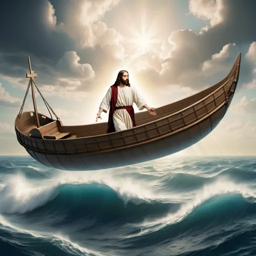 Prompt: jezus in een vliegende boot op de oceaan