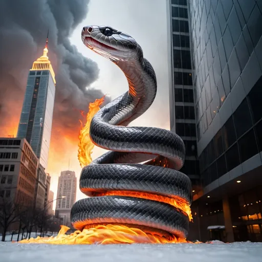 Prompt: huge grey snake wrapped around a skyscraper with the sky on fire and the ground is icy