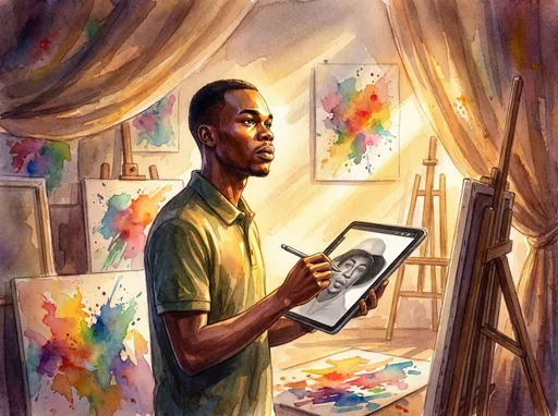 Prompt: Amidst a softly illuminated studio, the digital artist known as 7art stands poised, bathed in a warm, golden glow that highlights the intricate details of their craft. Around them, vibrant splashes of color dance across canvases, their expressive strokes reflecting a world of creativity. Dramatic shadows play across the walls, creating a sense of depth as beams of light filter through the soft, textured fabric draped in the background. 7art gazes intently at their latest digital portrait, a look of inspiration mixed with determination on their face, fingers lightly poised over a tablet, ready to bring their vision to life. The air hums with the possibility of creation, inviting viewers into this intimate moment of artistic passion. Suggested art style: dreamy watercolor illustration with a modern twist.