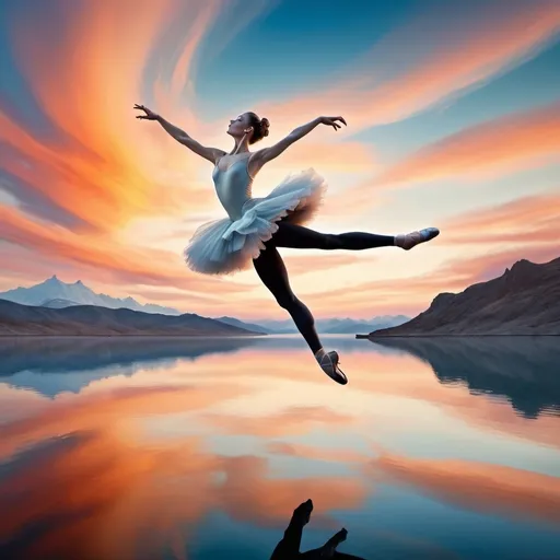 Prompt: a timelapse of a ballet dancer leaping over a lake of water. salvadore dali style