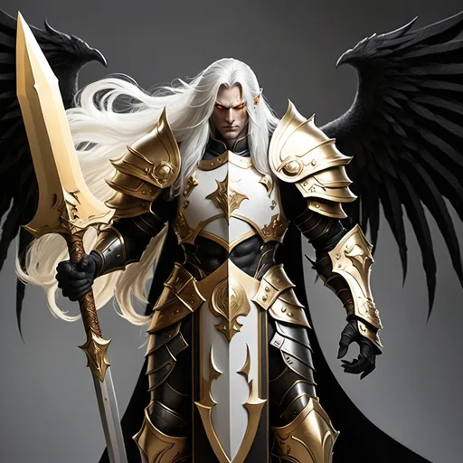 Prompt: paladin with long white hair, a golden sword and shield. They have black demonic wings protruding from their back