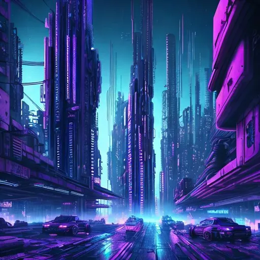 Prompt: Dystopian cyberpunk cityscape, neon purple and blue, futuristic skyscrapers, urban setting, high-tech vehicles, atmospheric lighting, best quality, highres, ultra-detailed, cyberpunk, futuristic, neon colors, dystopian, urban, detailed architecture, professional, atmospheric lighting