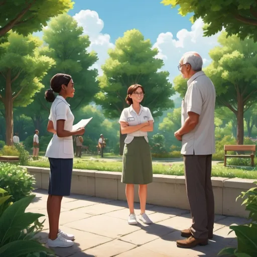 Prompt: create a young nurse in hospital clothes looking at an elderly couple wearing regular clothes, the environment is sunny with some trees and bushes, the three characters are happy and the elderly couple are looking at each other, the nurse is in standing looking at couple