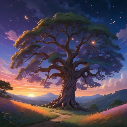 Prompt: An enchanting anime-style nighttime landscape featuring a massive, ancient tree with a thick trunk and sprawling roots. The tree’s lush canopy glows softly with golden light as fireflies float around it, creating a magical atmosphere. The sky above is filled with countless twinkling stars and a bright crescent moon, casting a mystical glow. Vibrant wildflowers in shades of orange, red, purple, and blue cover the ground around the tree, glowing under the warm, fading light of a stunning anime sunset. The horizon transitions from deep blues to brilliant pinks and oranges, with gently rolling hills and silhouettes of distant trees completing the tranquil, otherworldly scene.