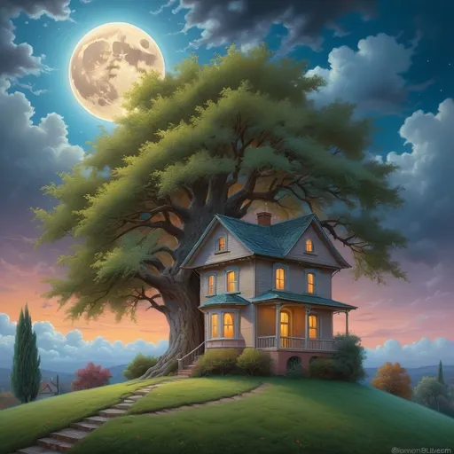 Prompt: a painting of a house under a tree with a sky background and clouds in the background with a full moon, Evgeny Lushpin, magic realism, magical atmosphere, a photorealistic painting